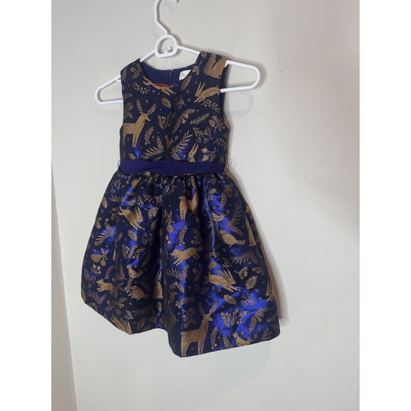 Mini Boden Dress Girls 5-6Y Blue Gold Woodland Animal Jacquard Party Holiday - Picture 2 of 6